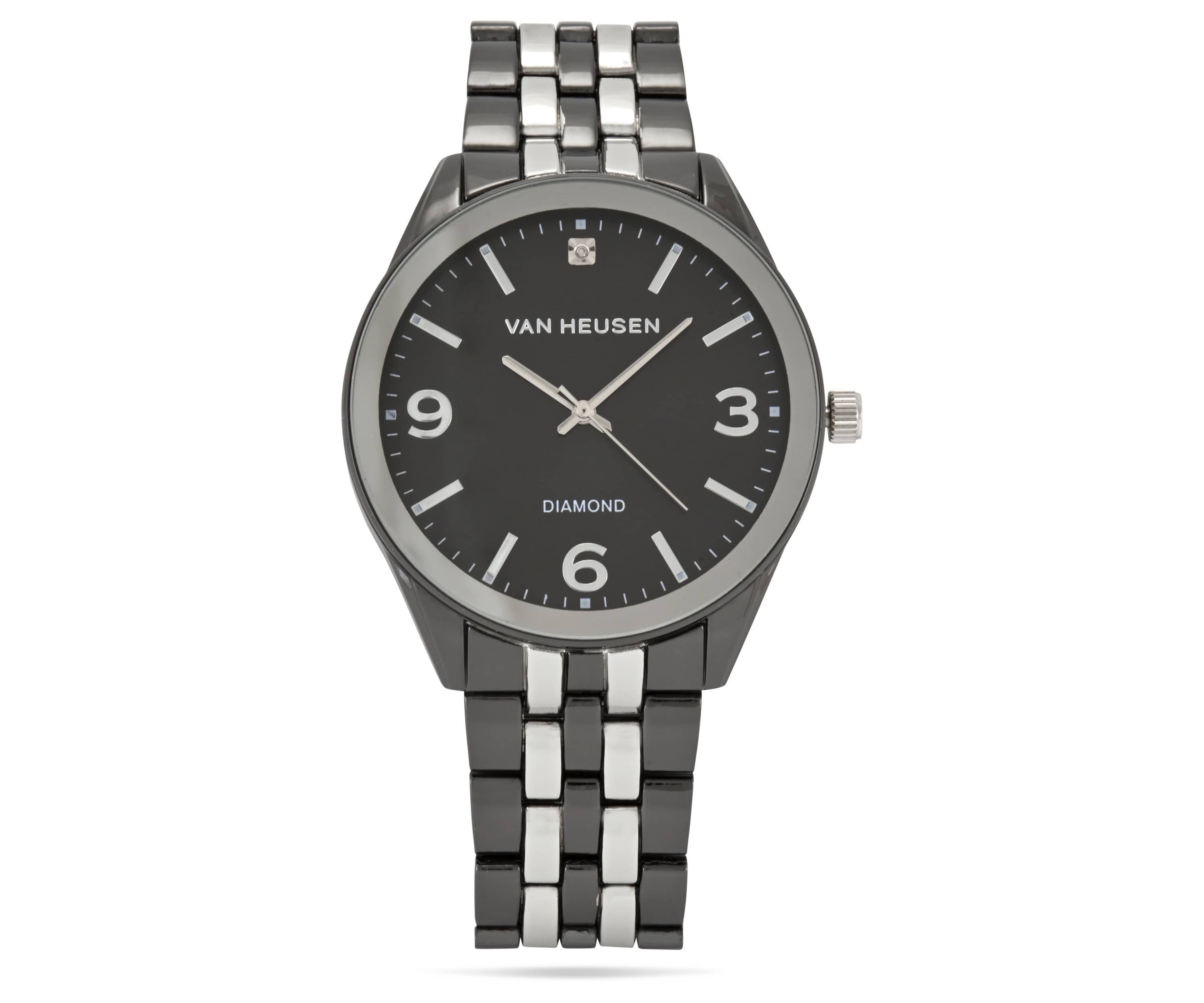 Van Heusen Adult Mens Analog Watch with Two-Tone Silver Black Case and Bracelet w Diamond at 12 Model# VAN80335
