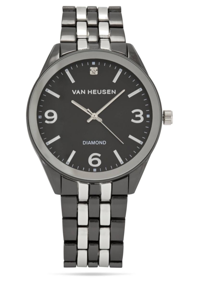 Van Heusen Adult Mens Analog Watch with Two-Tone Silver Black Case and Bracelet w Diamond at 12 Model# VAN80335