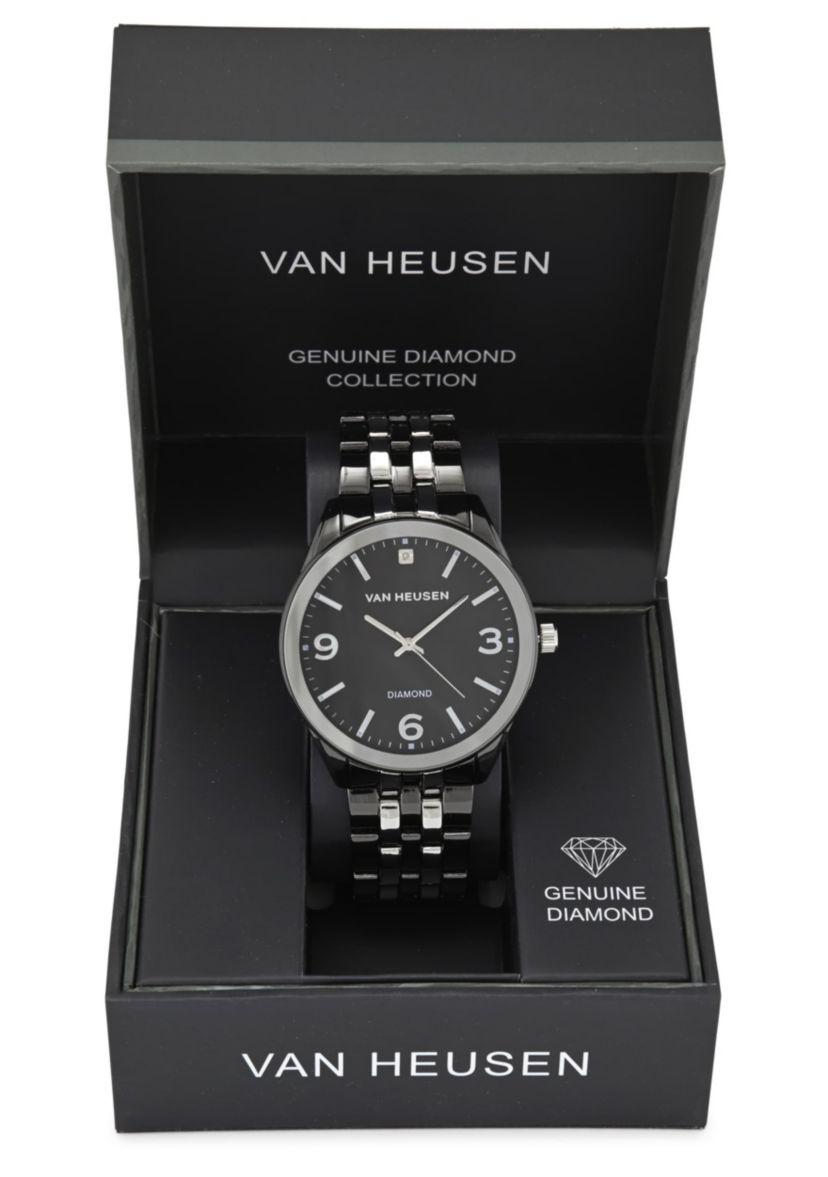 Van Heusen Adult Mens Analog Watch with Two-Tone Silver Black Case and Bracelet w Diamond at 12 Model# VAN80335