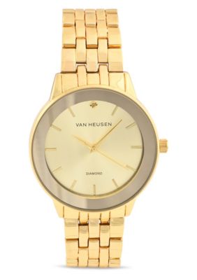 Van Heusen Adult Mens Analog Watch with Gold Case and Dial with Bracelet w Genuine Diamond at 12 Model# VAN8988