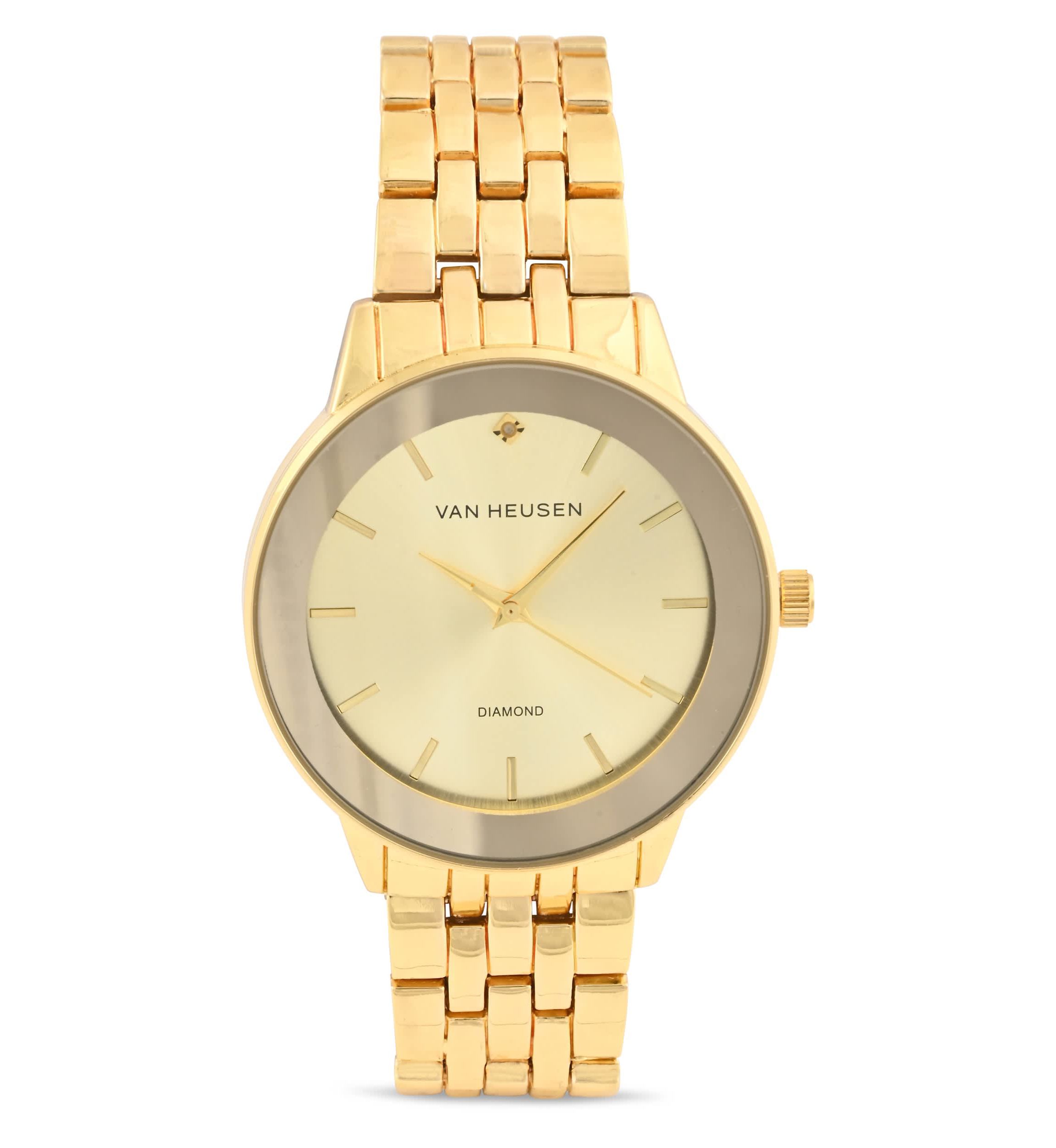 Van Heusen Adult Mens Analog Watch with Gold Case and Dial with Bracelet w Genuine Diamond at 12 Model# VAN8988