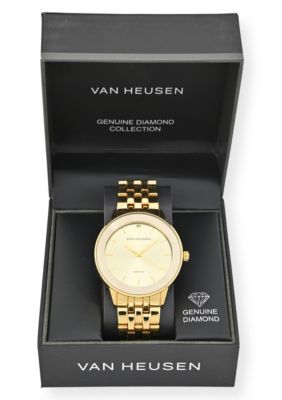Van Heusen Adult Mens Analog Watch with Gold Case and Dial with Bracelet w Genuine Diamond at 12 Model# VAN8988