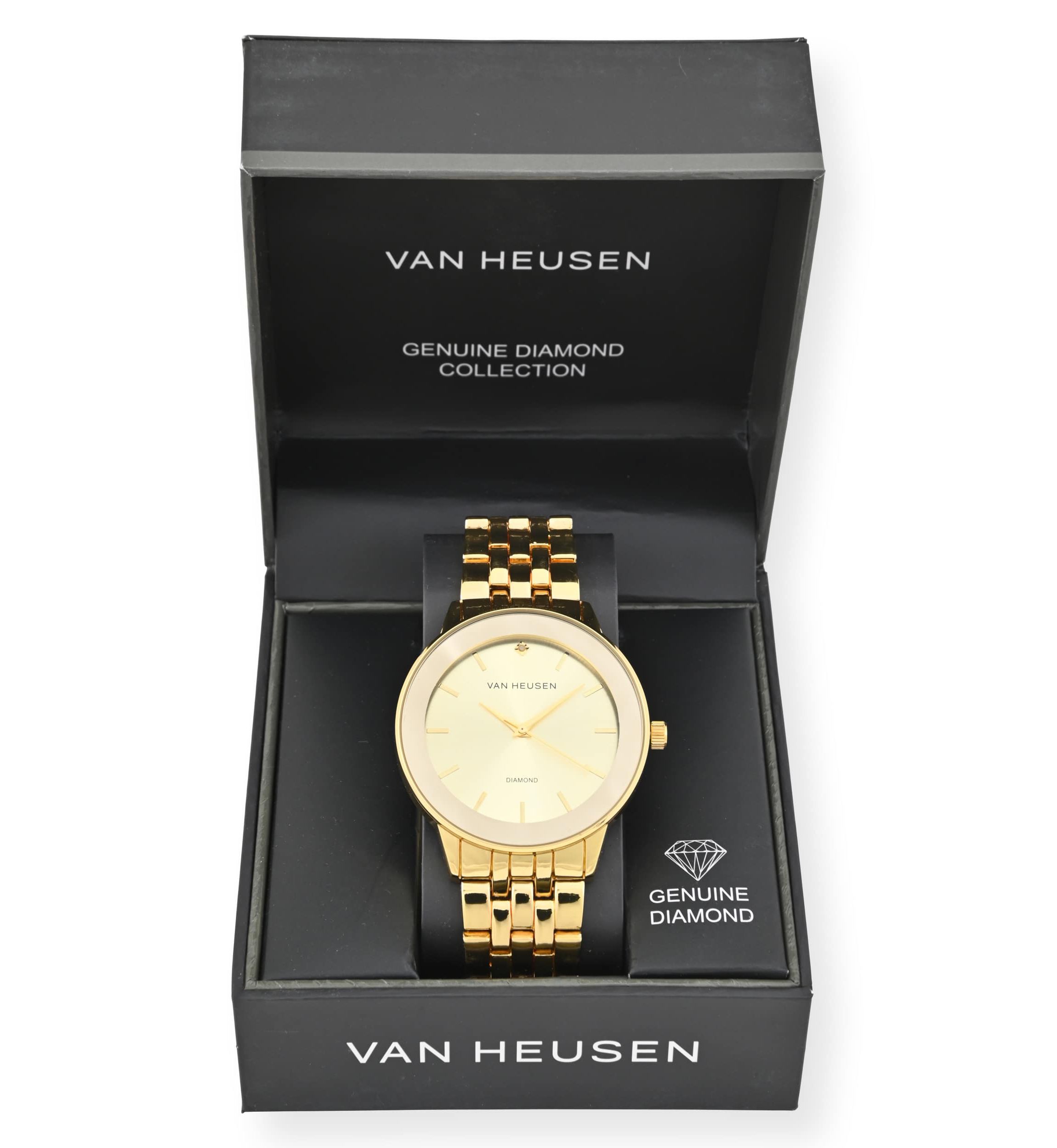 Van Heusen Adult Mens Analog Watch with Gold Case and Dial with Bracelet w Genuine Diamond at 12 Model# VAN8988