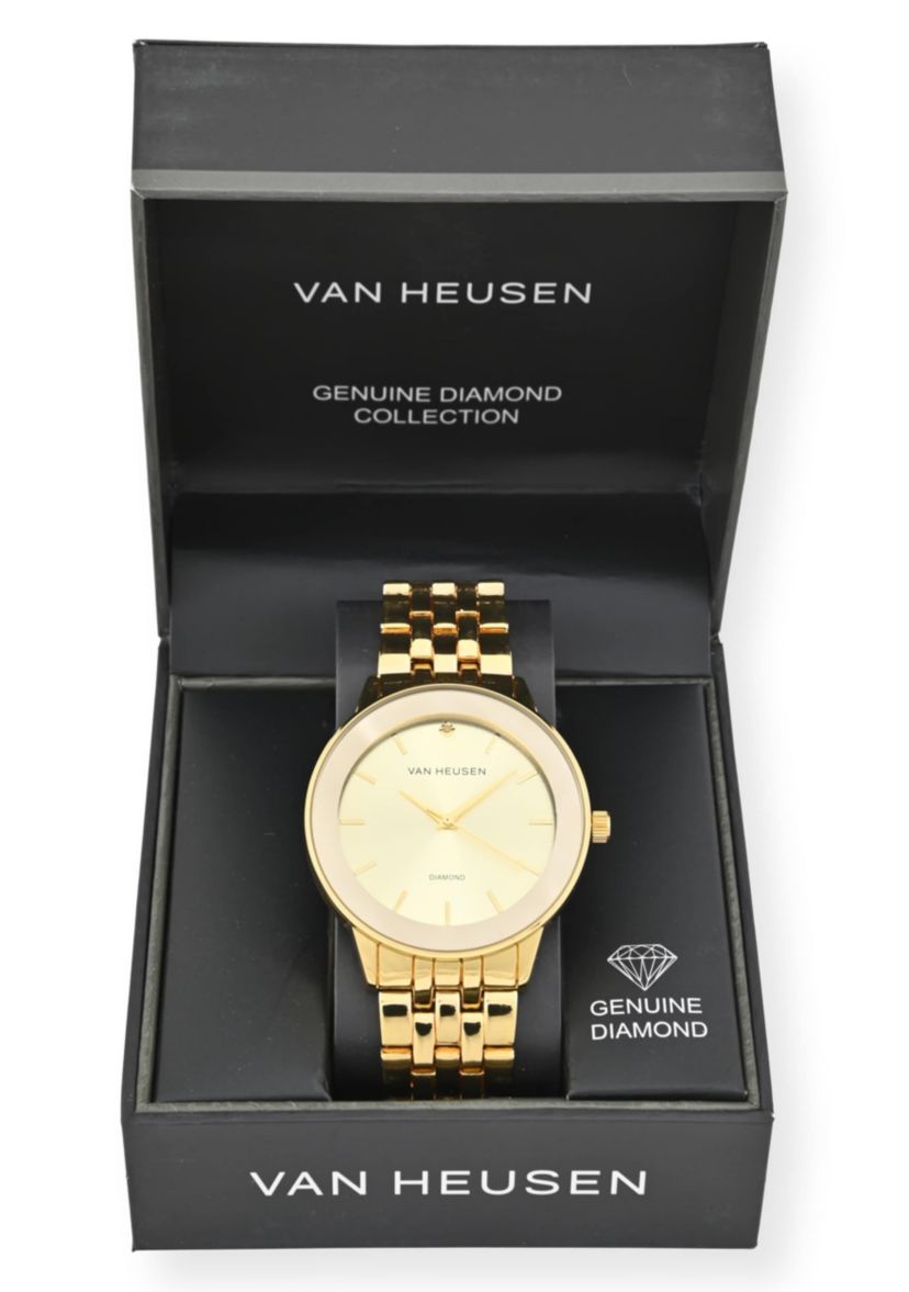 Van Heusen Adult Mens Analog Watch with Gold Case and Dial with Bracelet w Genuine Diamond at 12 Model# VAN8988