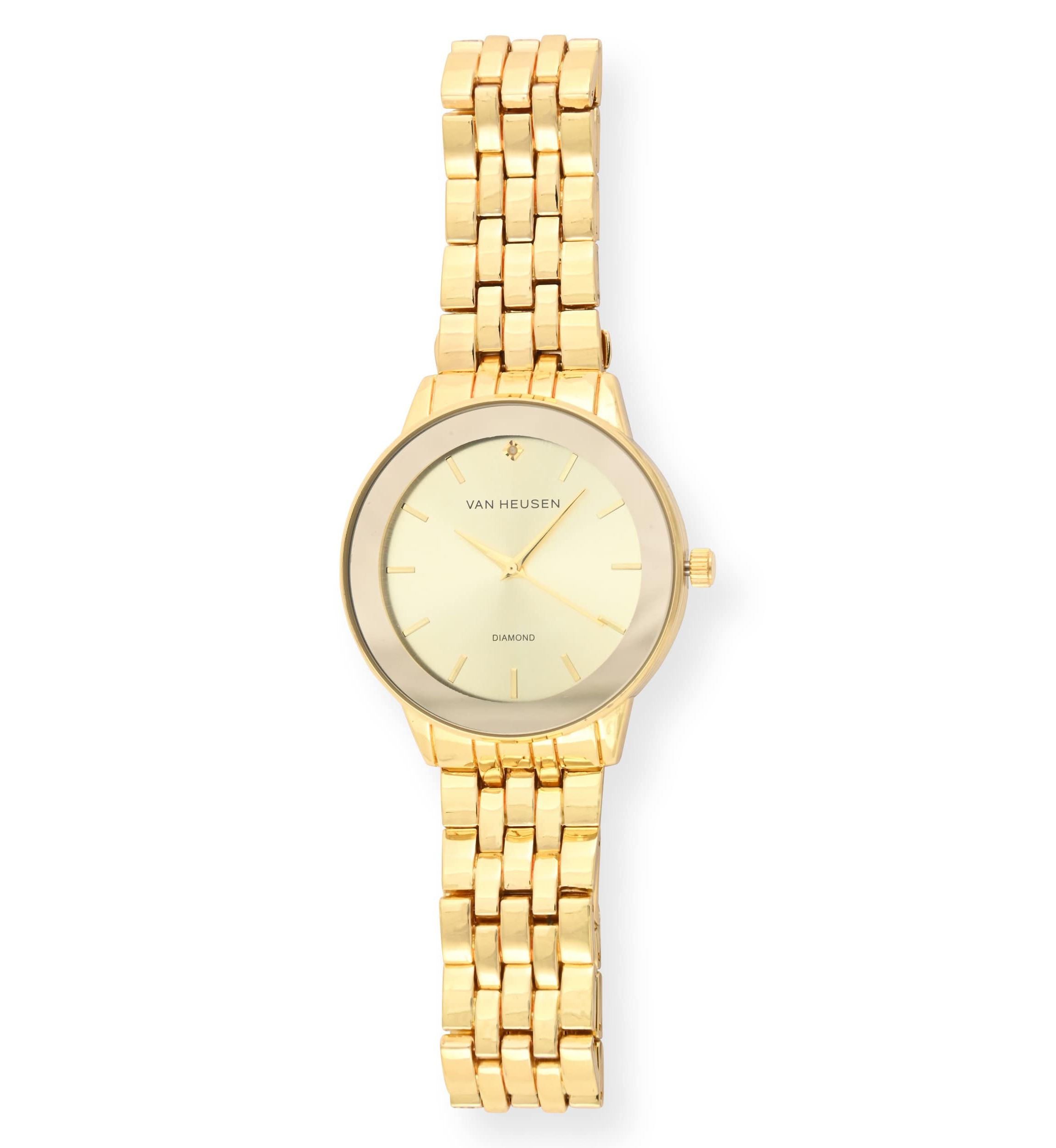 Van Heusen Adult Mens Analog Watch with Gold Case and Dial with Bracelet w Genuine Diamond at 12 Model# VAN8988