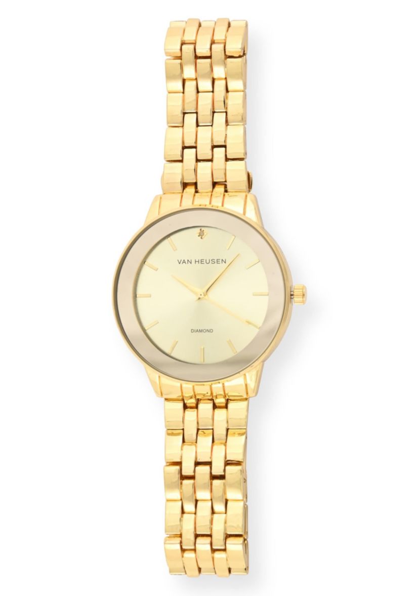 Van Heusen Adult Mens Analog Watch with Gold Case and Dial with Bracelet w Genuine Diamond at 12 Model# VAN8988