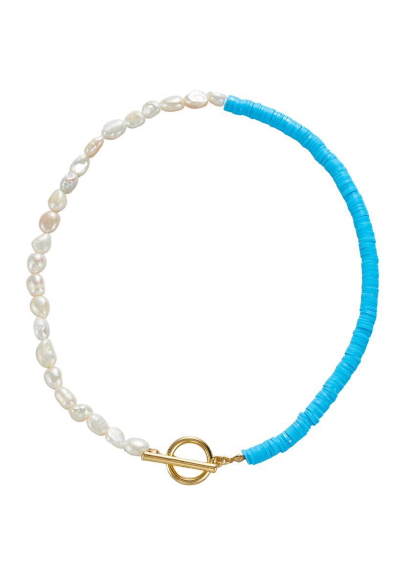 Gold Tone Rubberized Disc and Pearl Short Necklace 