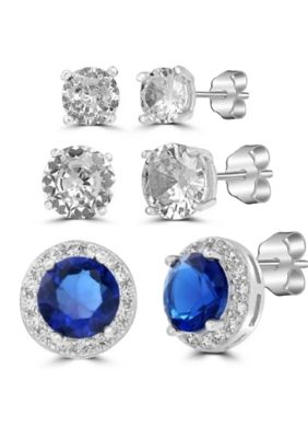 Belk Silverworks 4 Millimeter & 6 Millimeter Round Clear Cubic Zirconia Studs with 8 Millimeter Round Amethyst Cubic Zirconia Halo Stud Earrings Set
