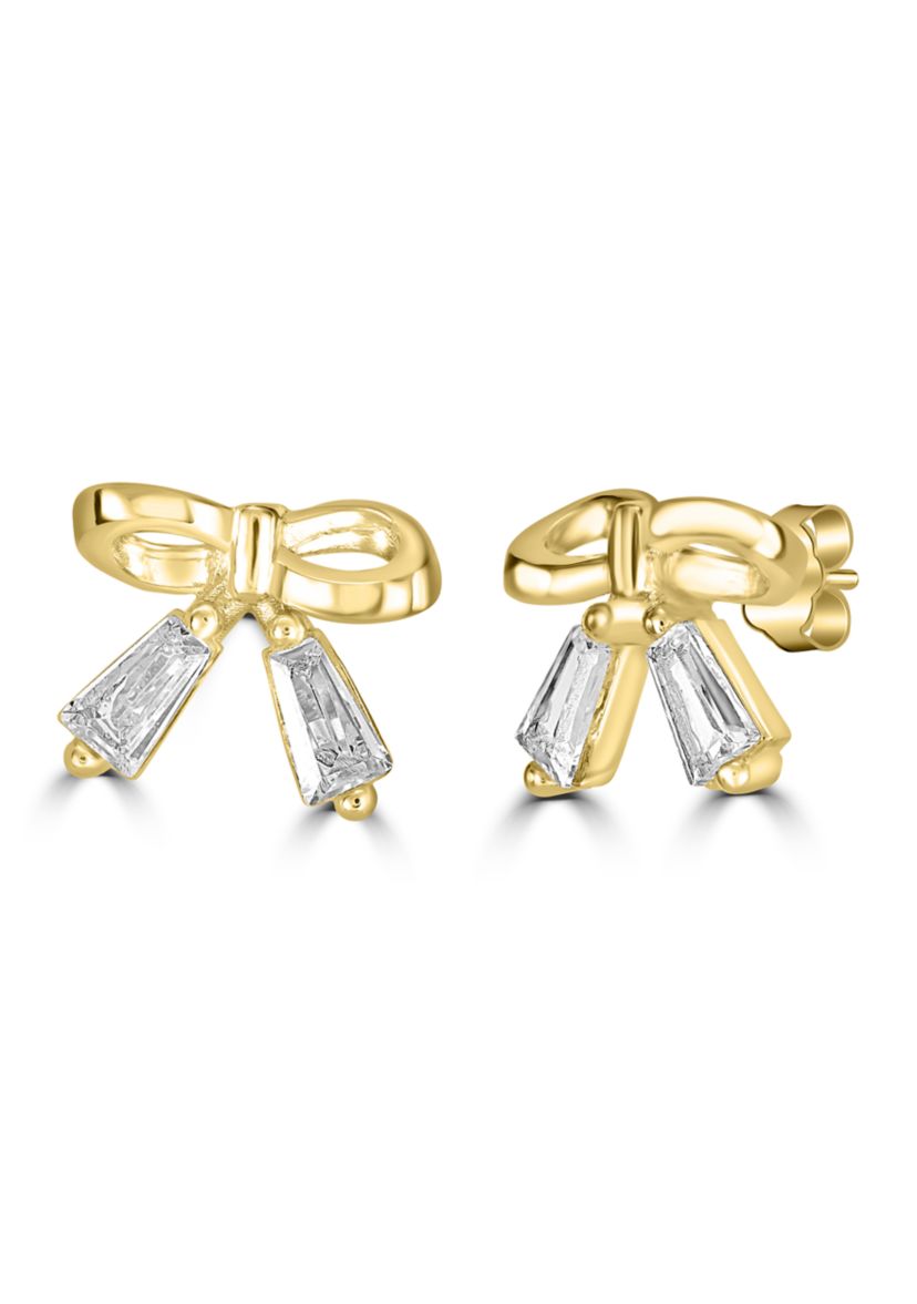 Sterling Silver Baguette Bow Cubic Zirconia Earrings 