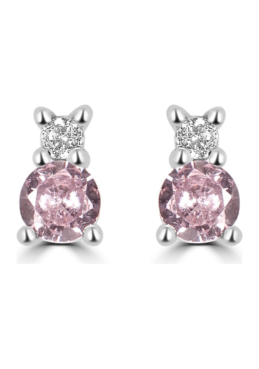 Sterling Silver Round Pink and Clear Cubic Zirconia Double Stack Stud Earrings