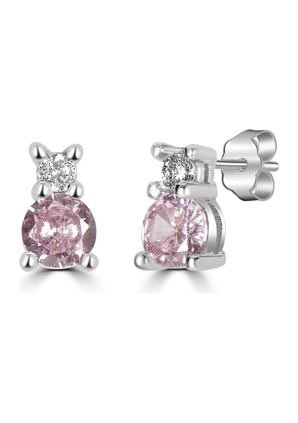 Sterling Silver Round Pink and Clear Cubic Zirconia Double Stack Stud Earrings