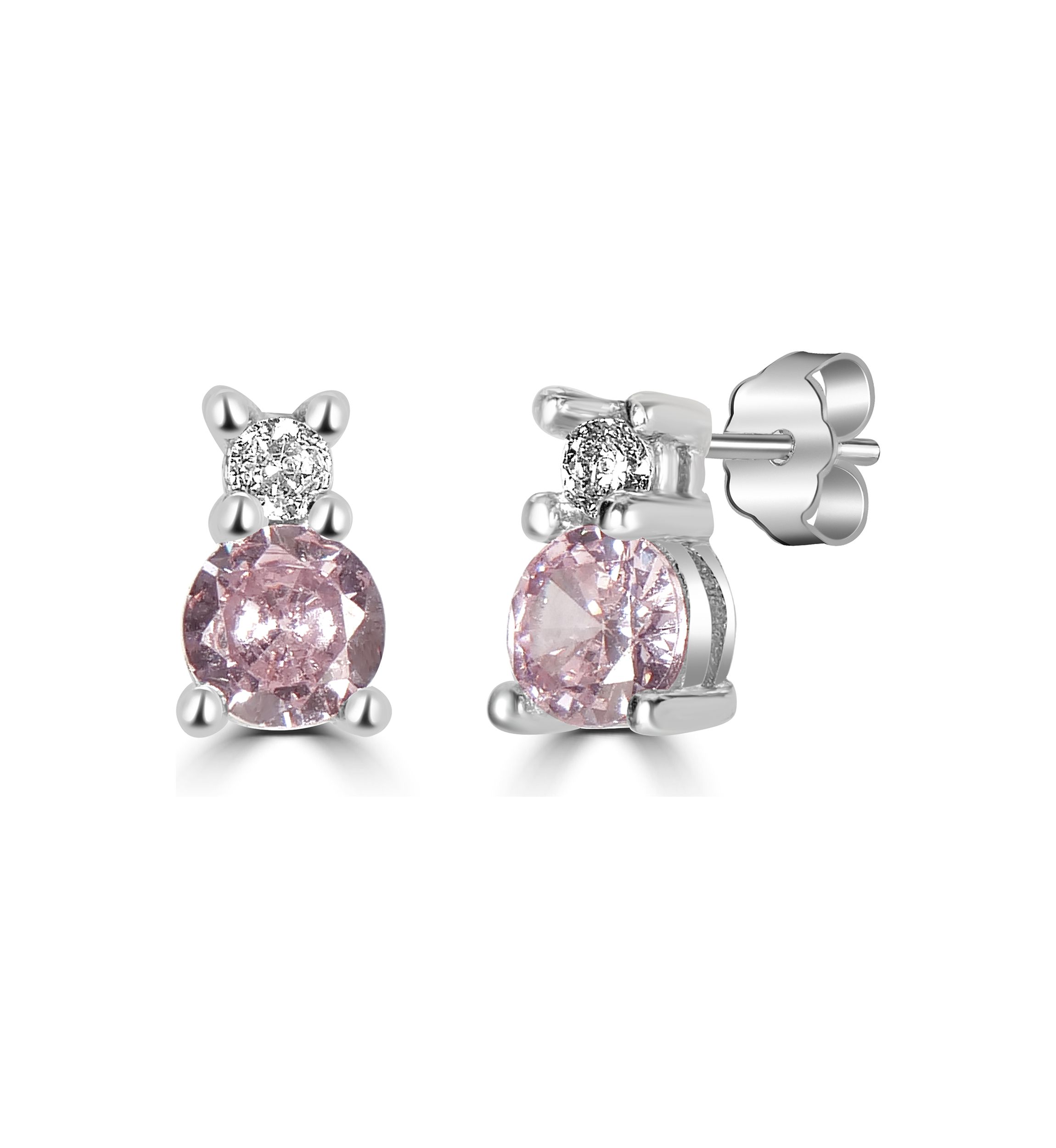 Sterling Silver Round Pink and Clear Cubic Zirconia Double Stack Stud Earrings