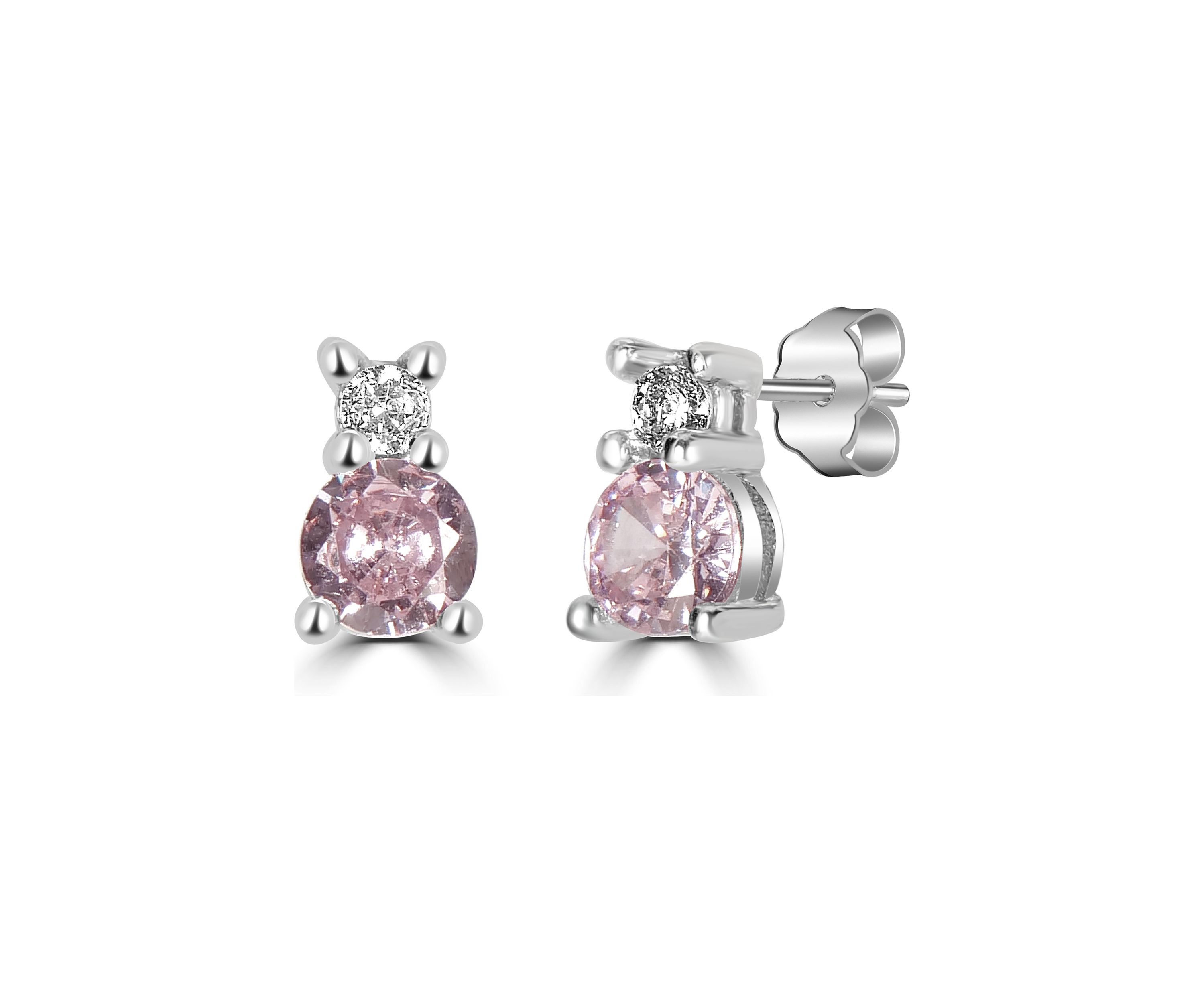 Sterling Silver Round Pink and Clear Cubic Zirconia Double Stack Stud Earrings