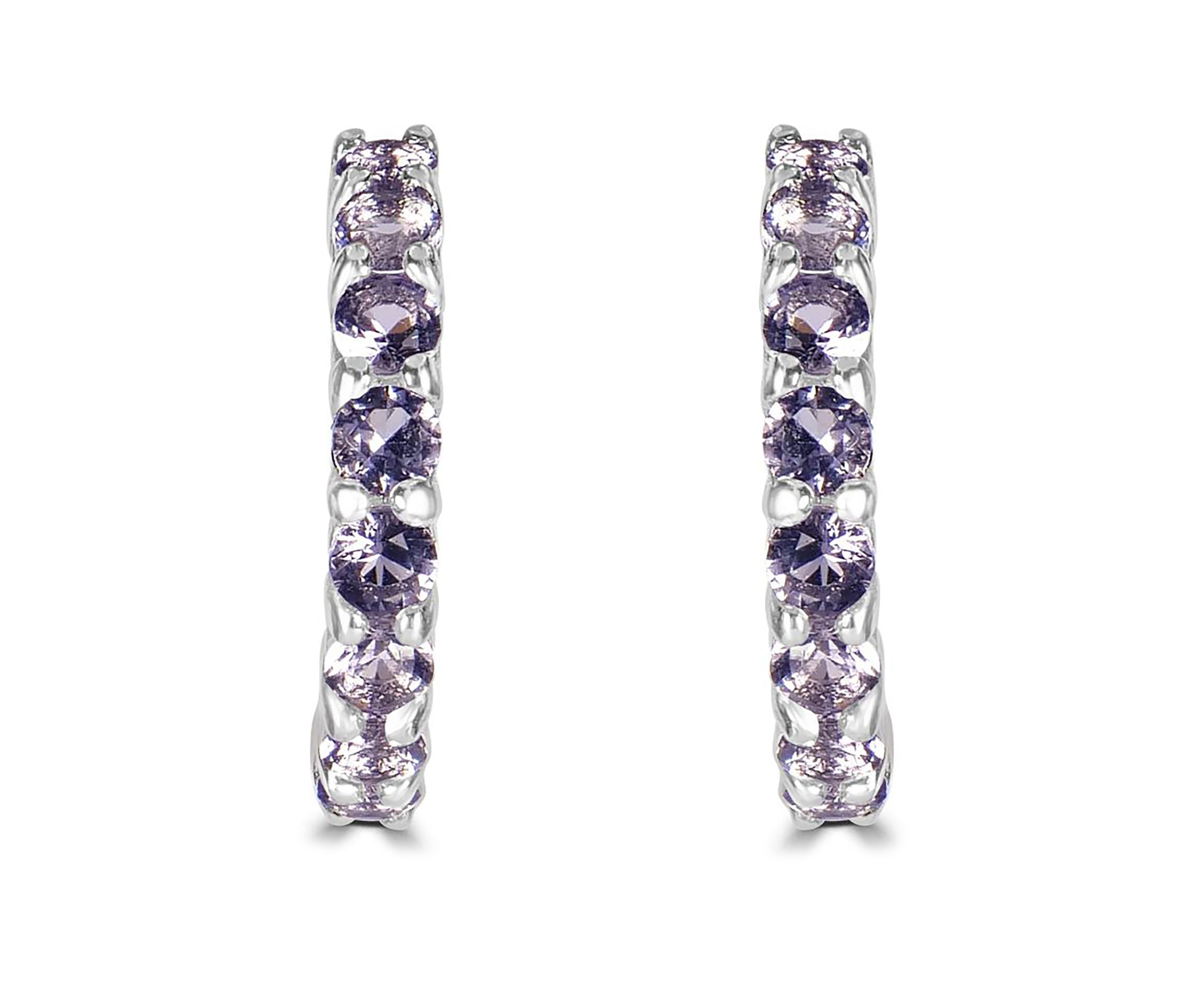 Fine Silver Plated Purple Cubic Zirconia Pavé Hoop Earrings