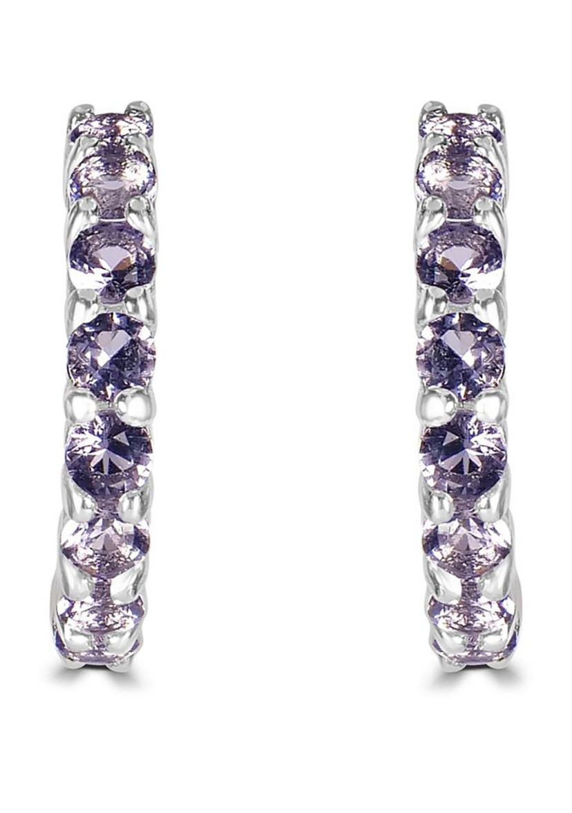 Fine Silver Plated Purple Cubic Zirconia Pavé Hoop Earrings