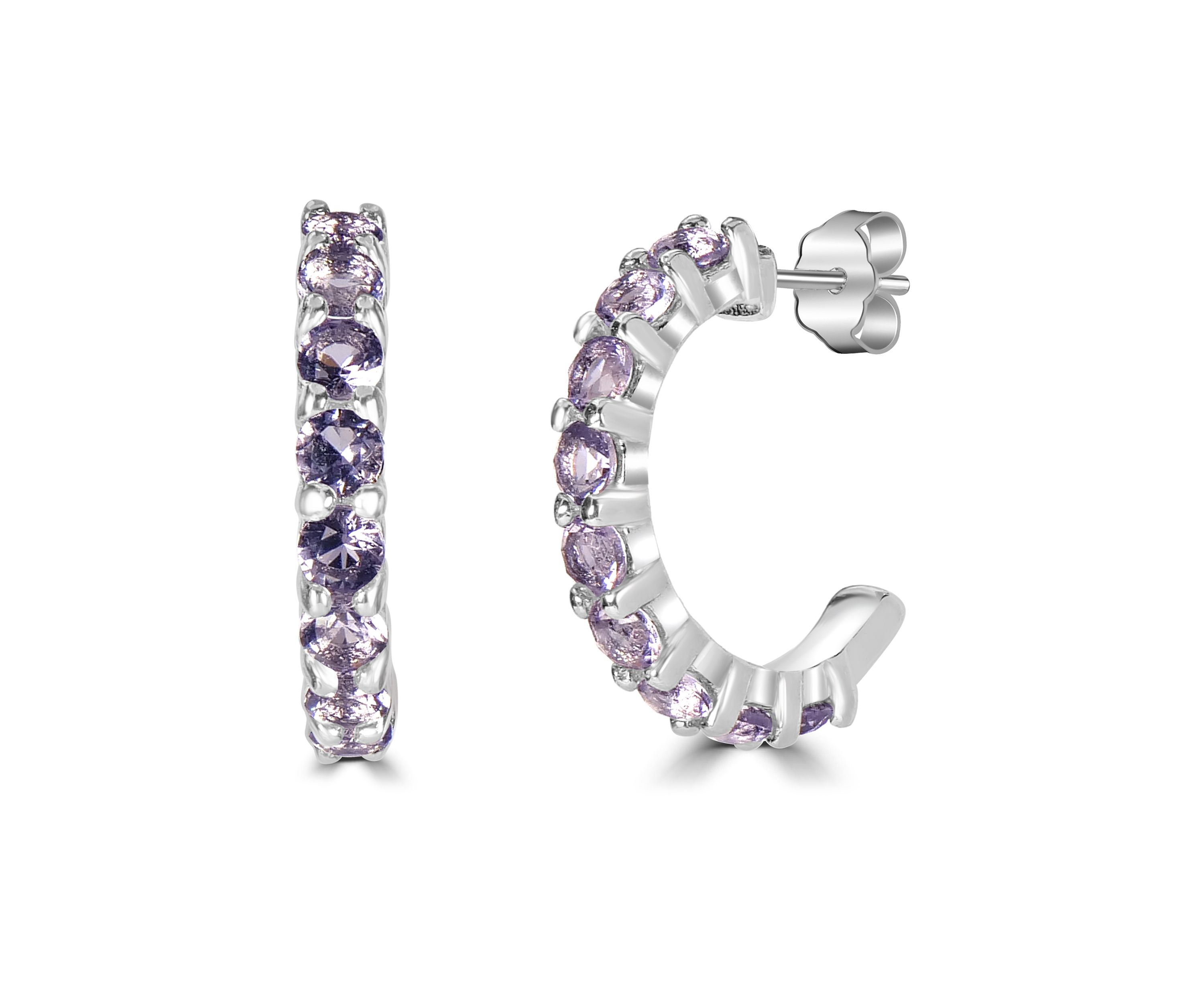 Fine Silver Plated Purple Cubic Zirconia Pavé Hoop Earrings