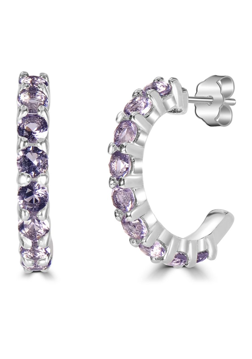 Fine Silver Plated Purple Cubic Zirconia Pavé Hoop Earrings