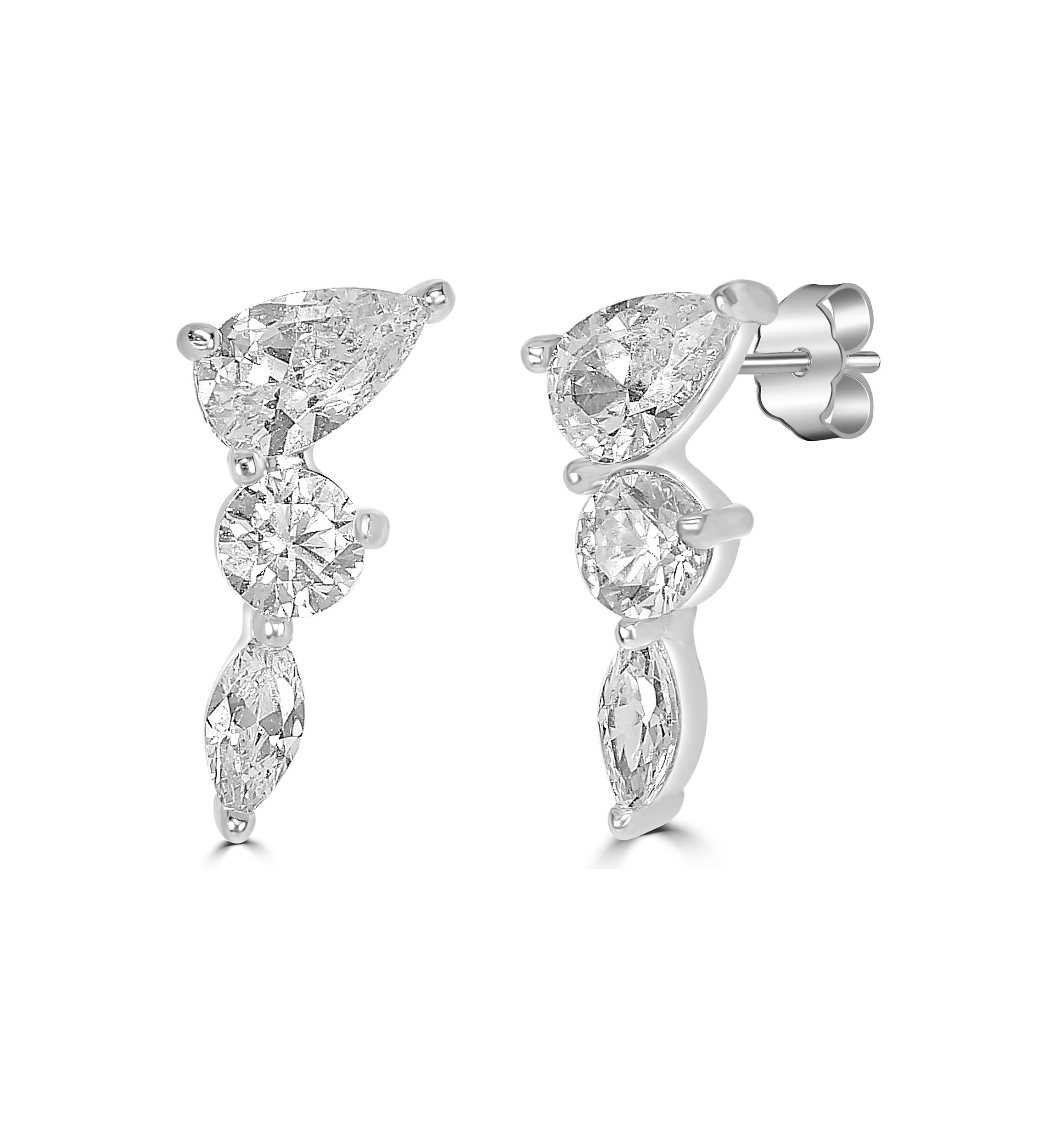 Sterling Silver and Prong Set Cubic Zirconia Mini Crawler Stud Earrings