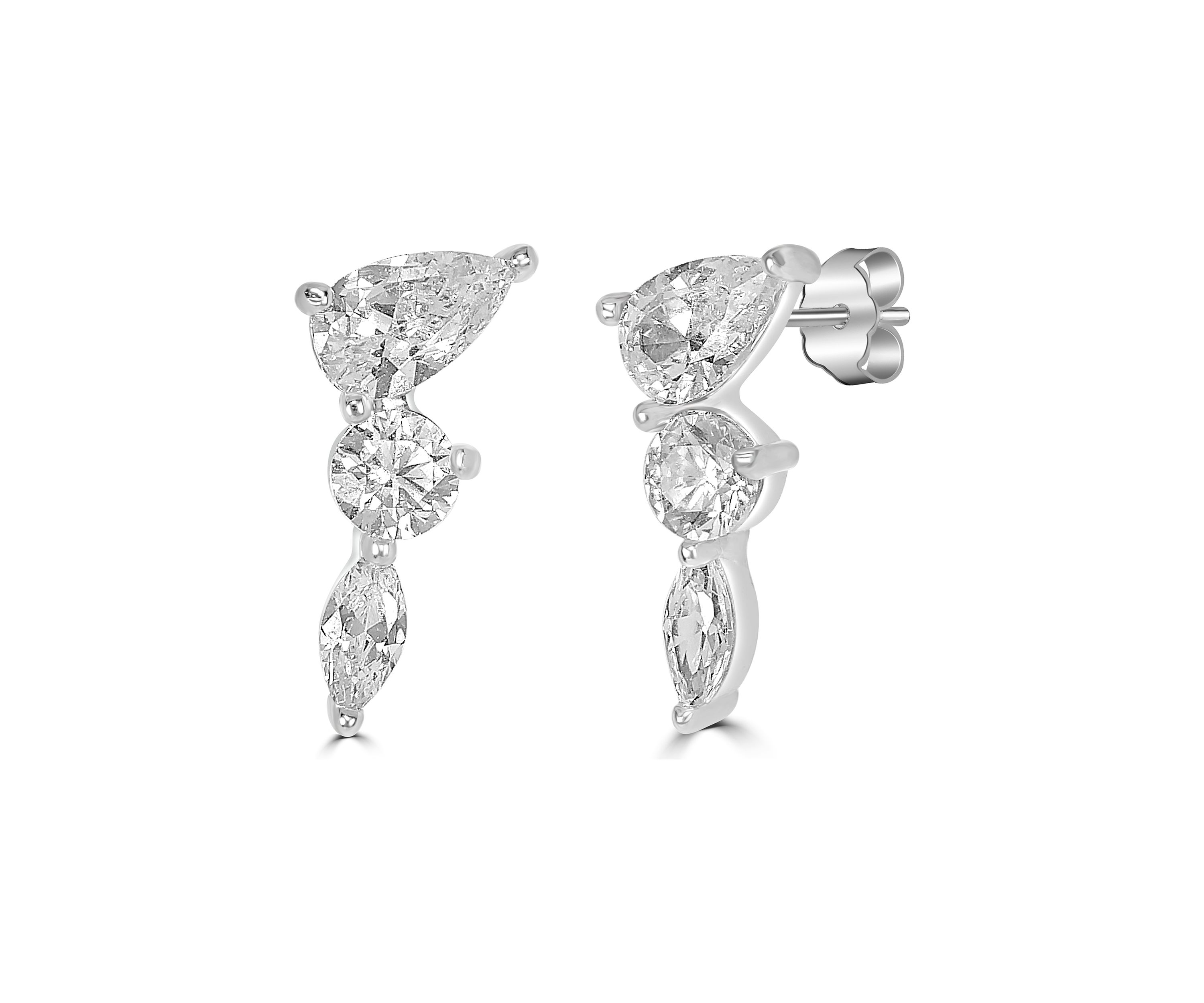 Sterling Silver and Prong Set Cubic Zirconia Mini Crawler Stud Earrings