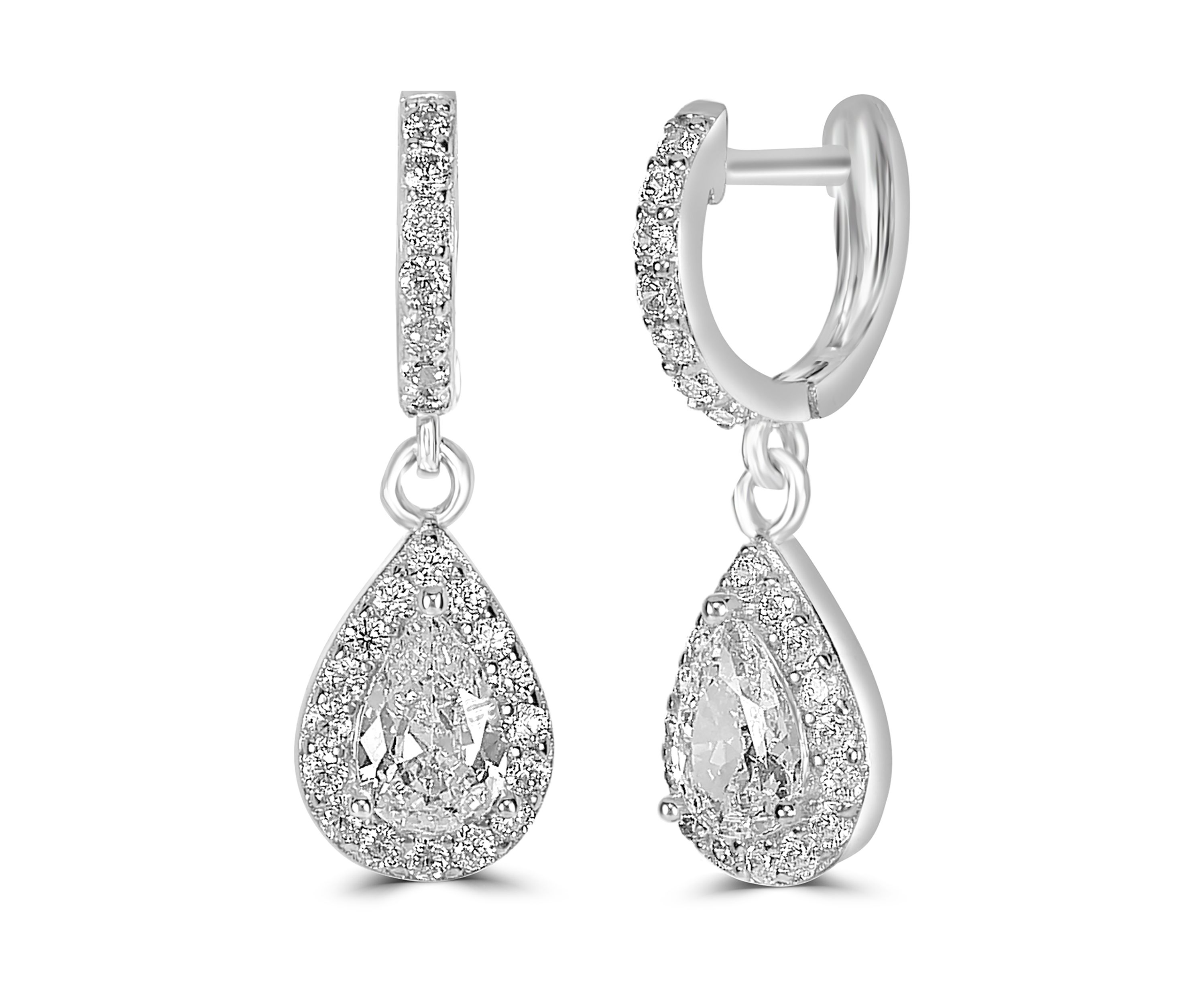 Sterling Silver Cubic Zirconia Pear Huggie Drop Earrings