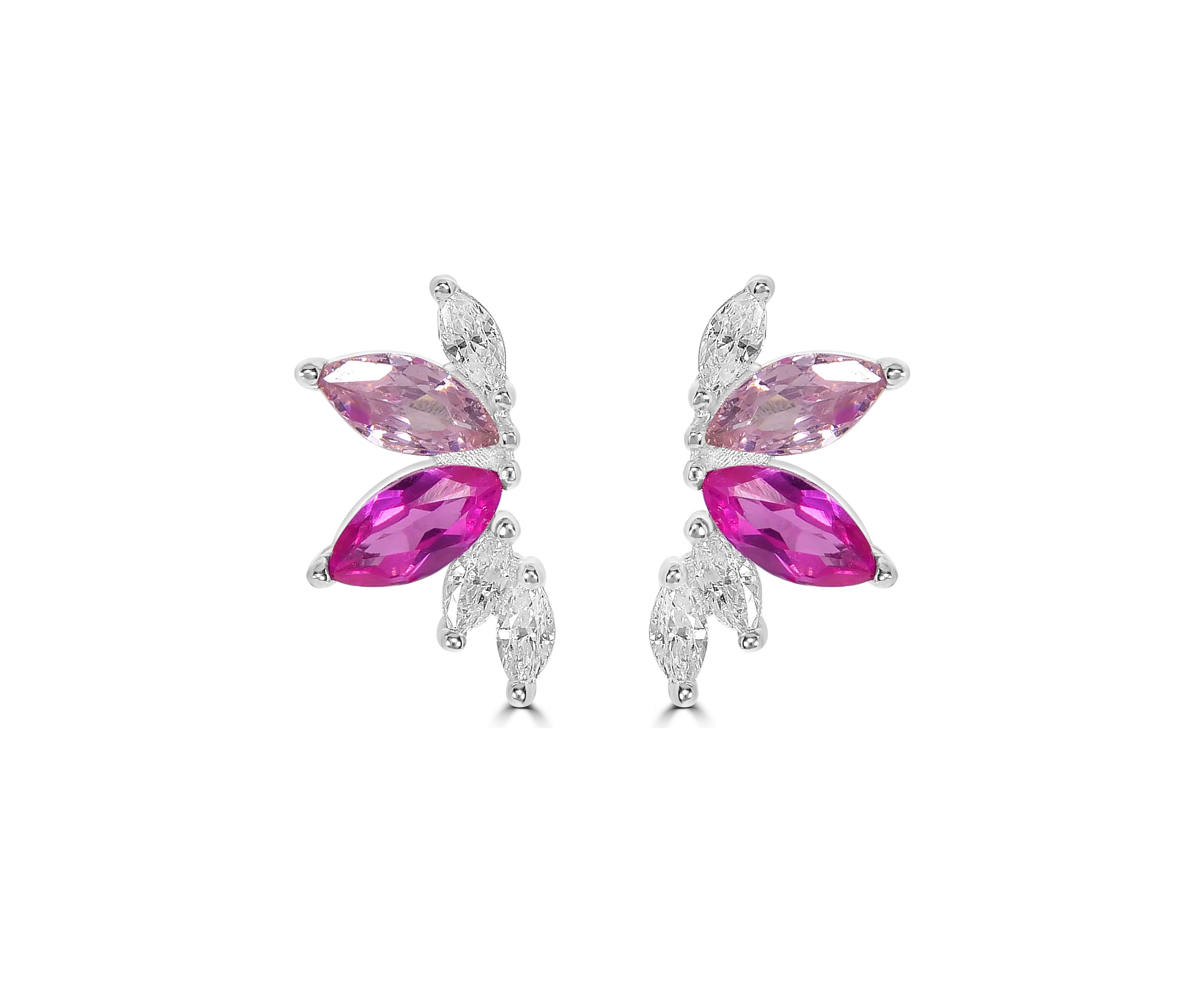 Sterling Silver Marquise Cut Pink and Clear Cubic Zirconia Crawler Stud Earrings