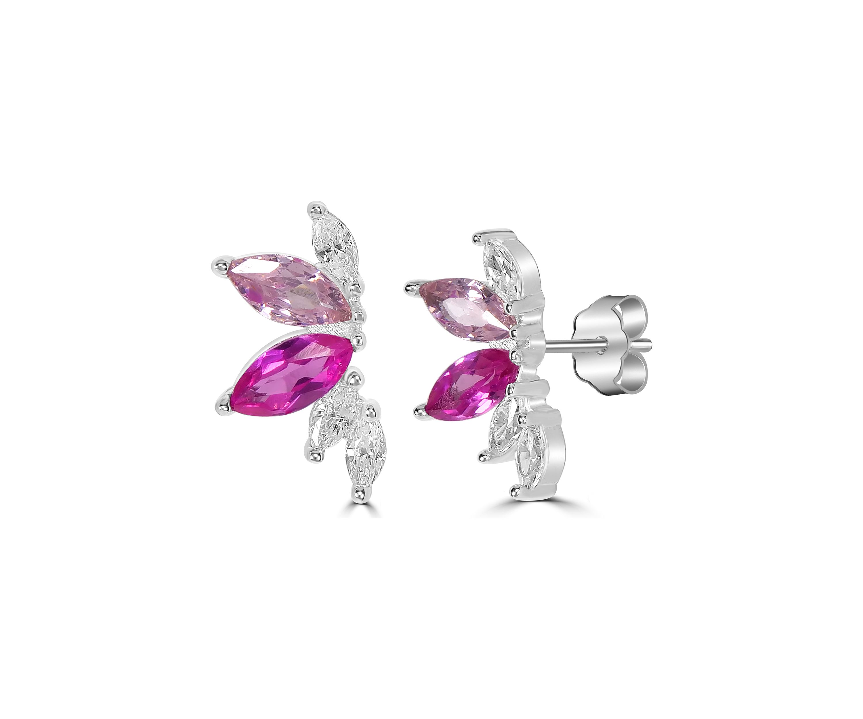 Sterling Silver Marquise Cut Pink and Clear Cubic Zirconia Crawler Stud Earrings