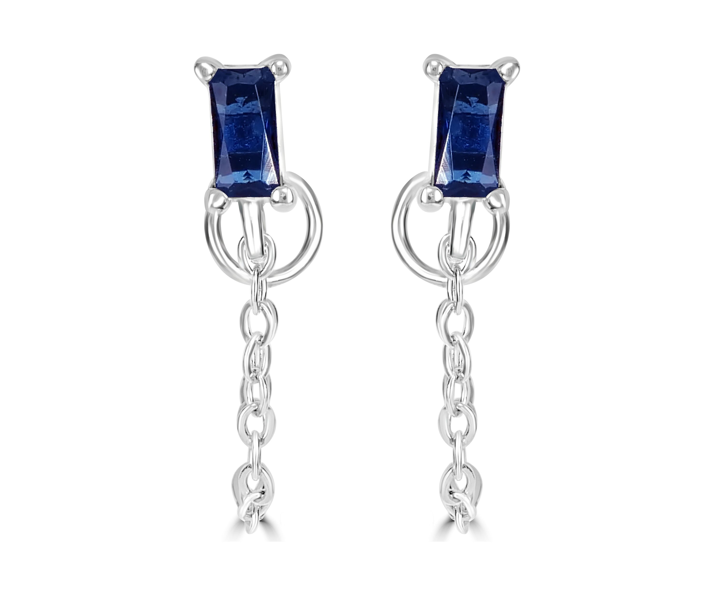 Sterling Silver Emerald Cut Sapphire Glass Stud Front to Back Chain Earrings