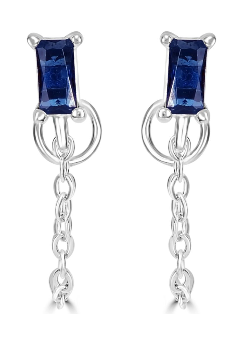 Sterling Silver Emerald Cut Sapphire Glass Stud Front to Back Chain Earrings