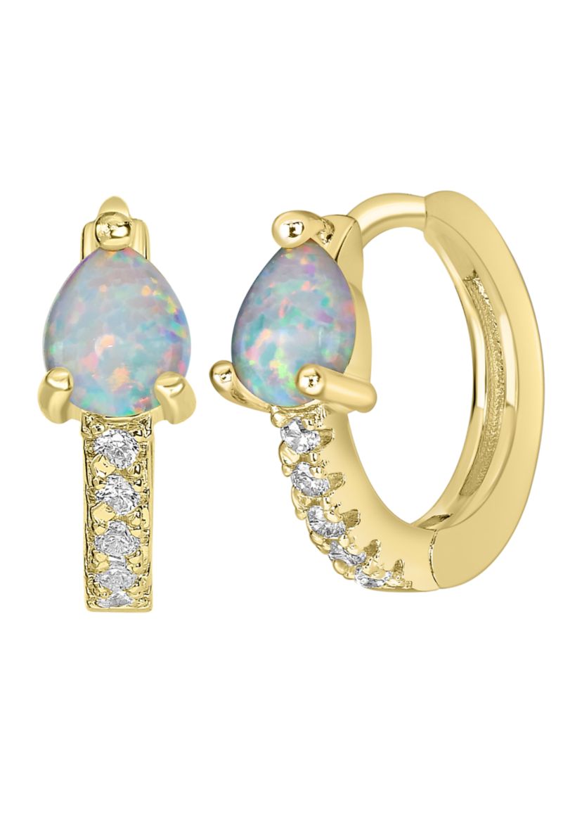 Lab Created Gold Plated Cubic Zirconia and Opal Hoop Earrings