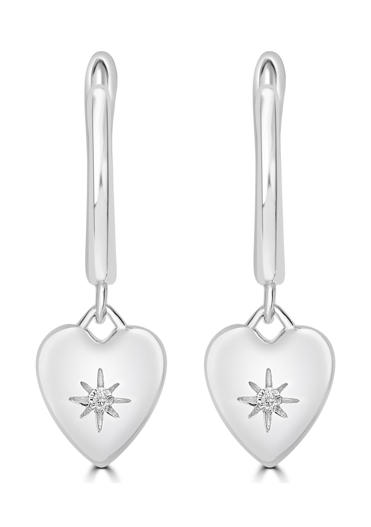 Sterling Silver with Cubic Zirconia Heart Charm Huggie Hoop Earrings