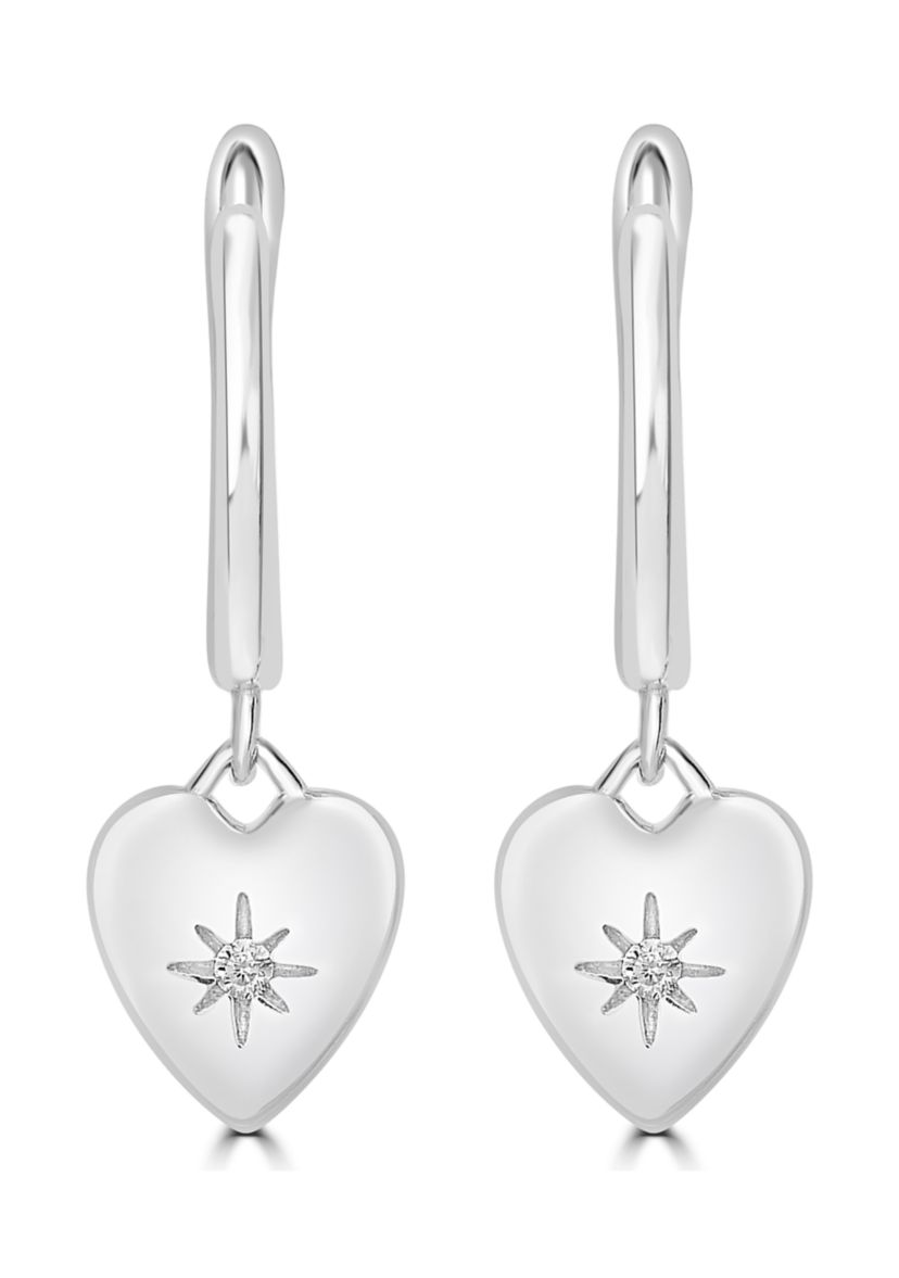 Sterling Silver with Cubic Zirconia Heart Charm Huggie Hoop Earrings
