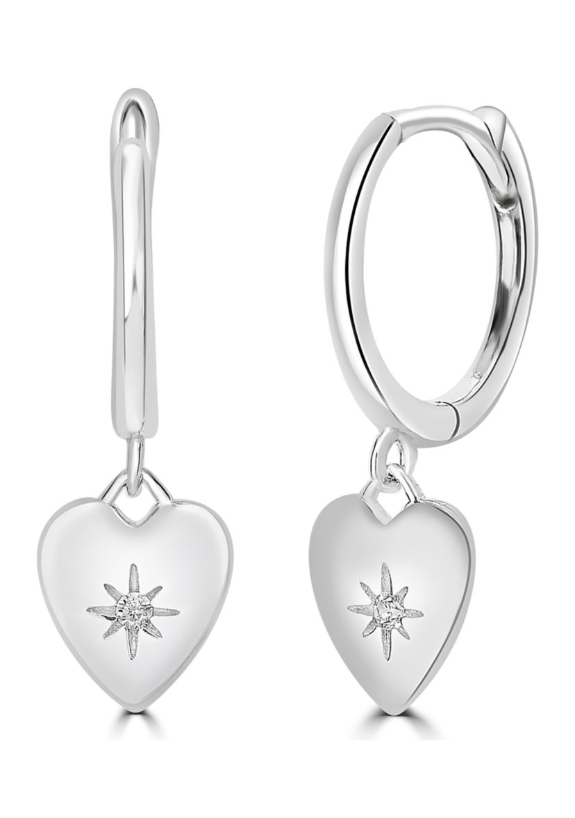 Sterling Silver with Cubic Zirconia Heart Charm Huggie Hoop Earrings