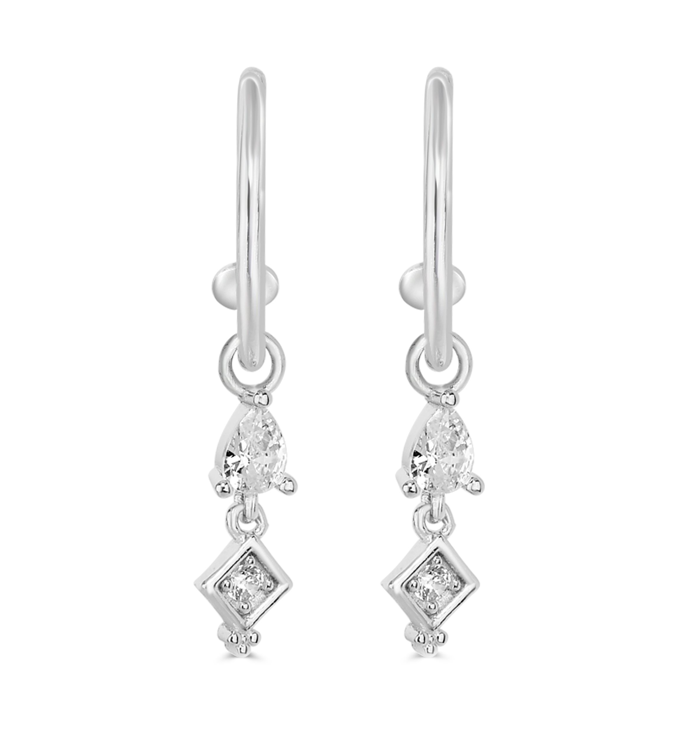 Sterling Silver Cubic Zirconia Charm Drop Hoop Earrings