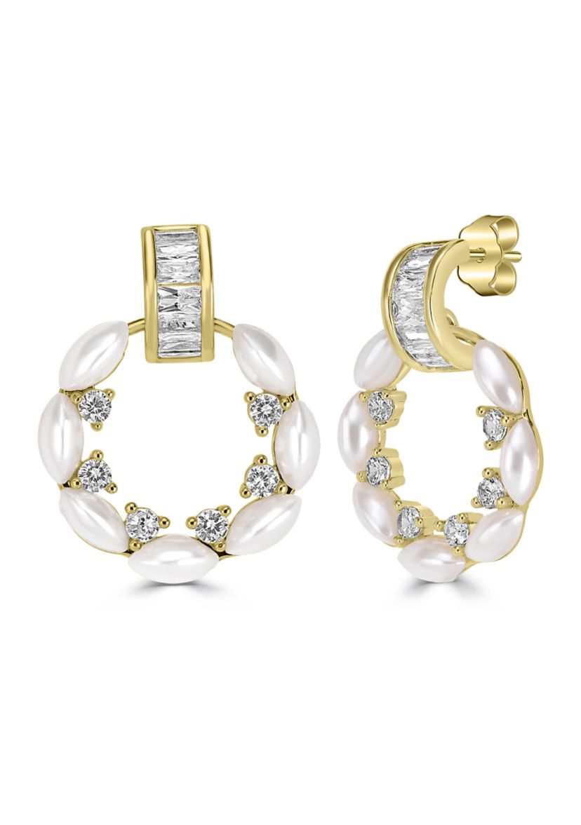 Gold Plated Cubic Zirconia Pearl Door Knocker Earrings