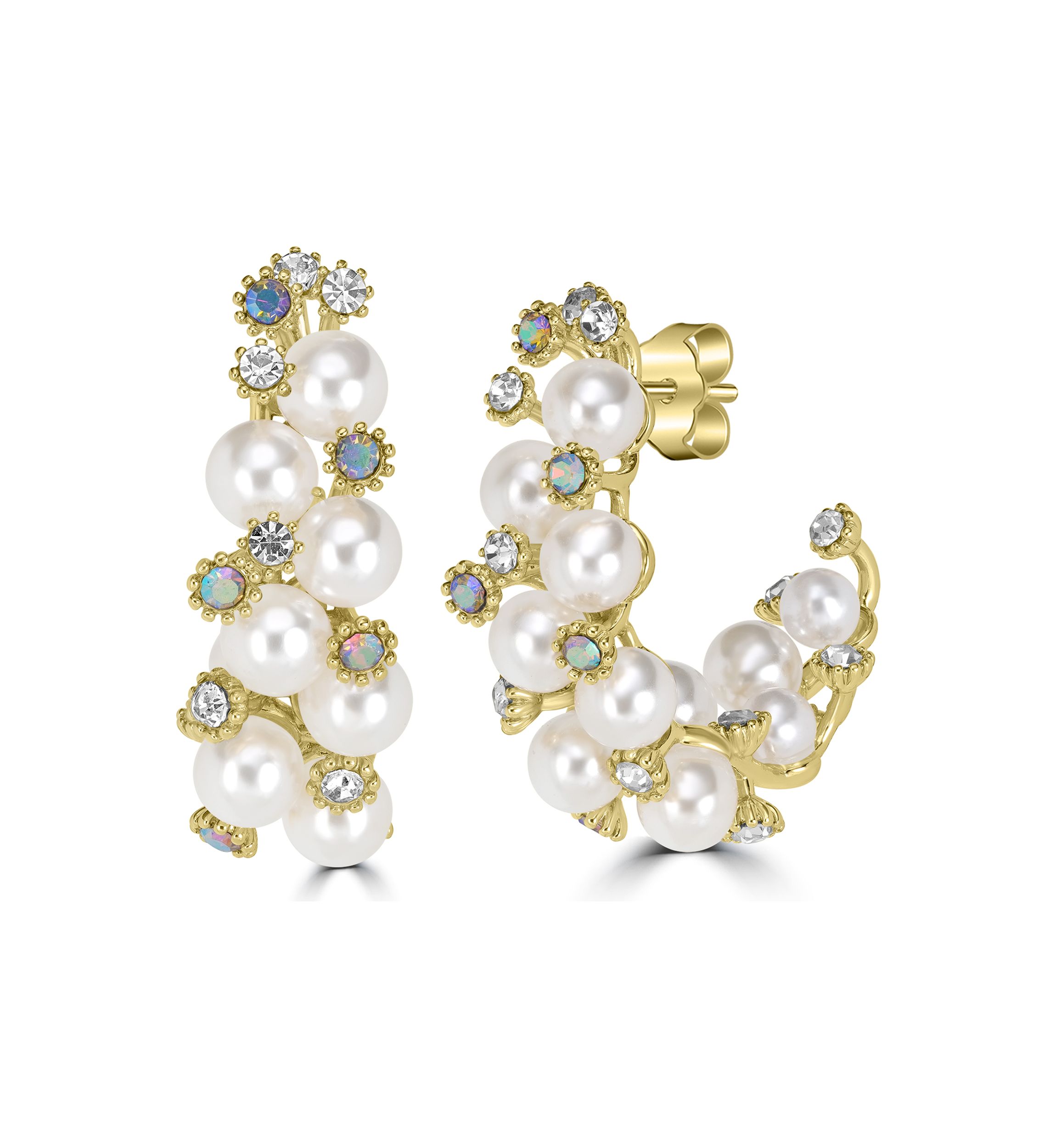 Gold Plated Cubic Zirconia and Pearl Cluster Hoop Earrings