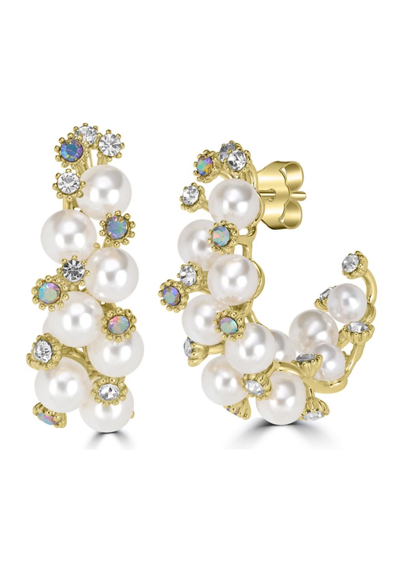 Gold Plated Cubic Zirconia and Pearl Cluster Hoop Earrings