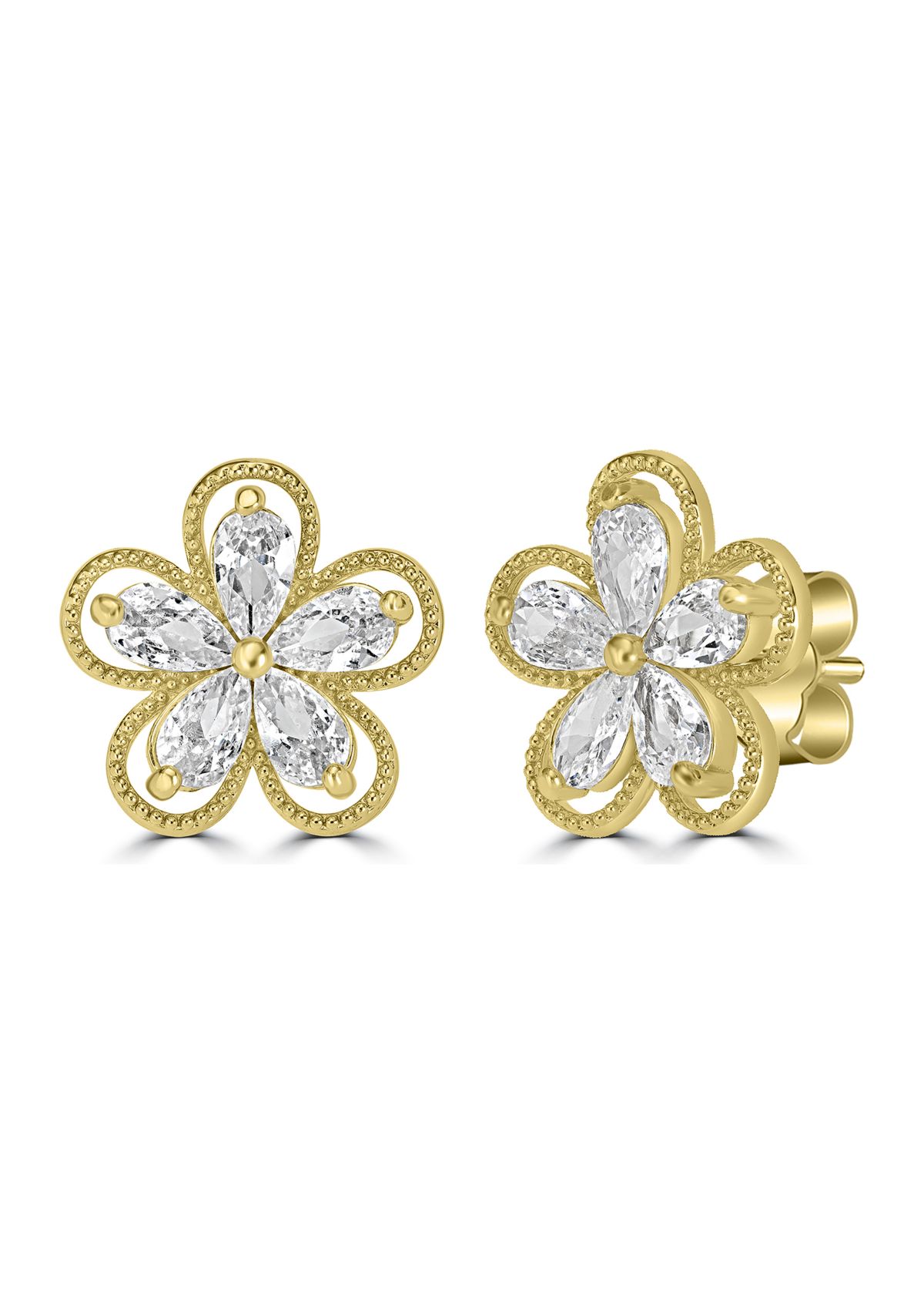 Gold Plated Cubic Zirconia Flower Stud Button Earrings