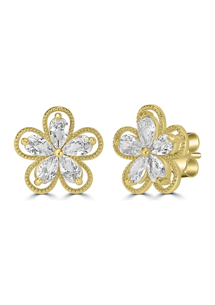 Gold Plated Cubic Zirconia Flower Stud Button Earrings