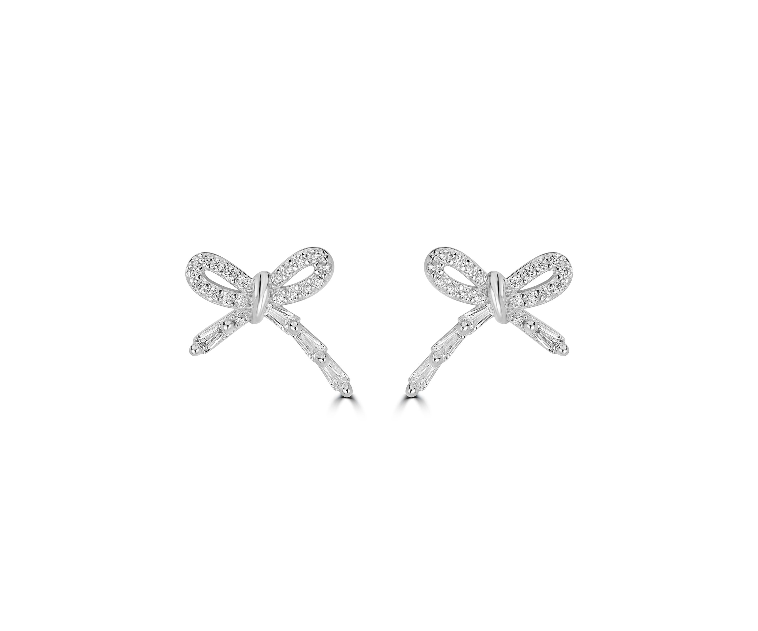 Sterling Silver Pave Cubic Zirconia Delicate Bow Stud Earrings