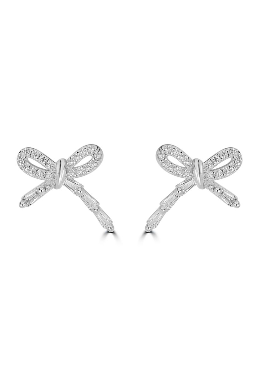 Sterling Silver Pave Cubic Zirconia Delicate Bow Stud Earrings