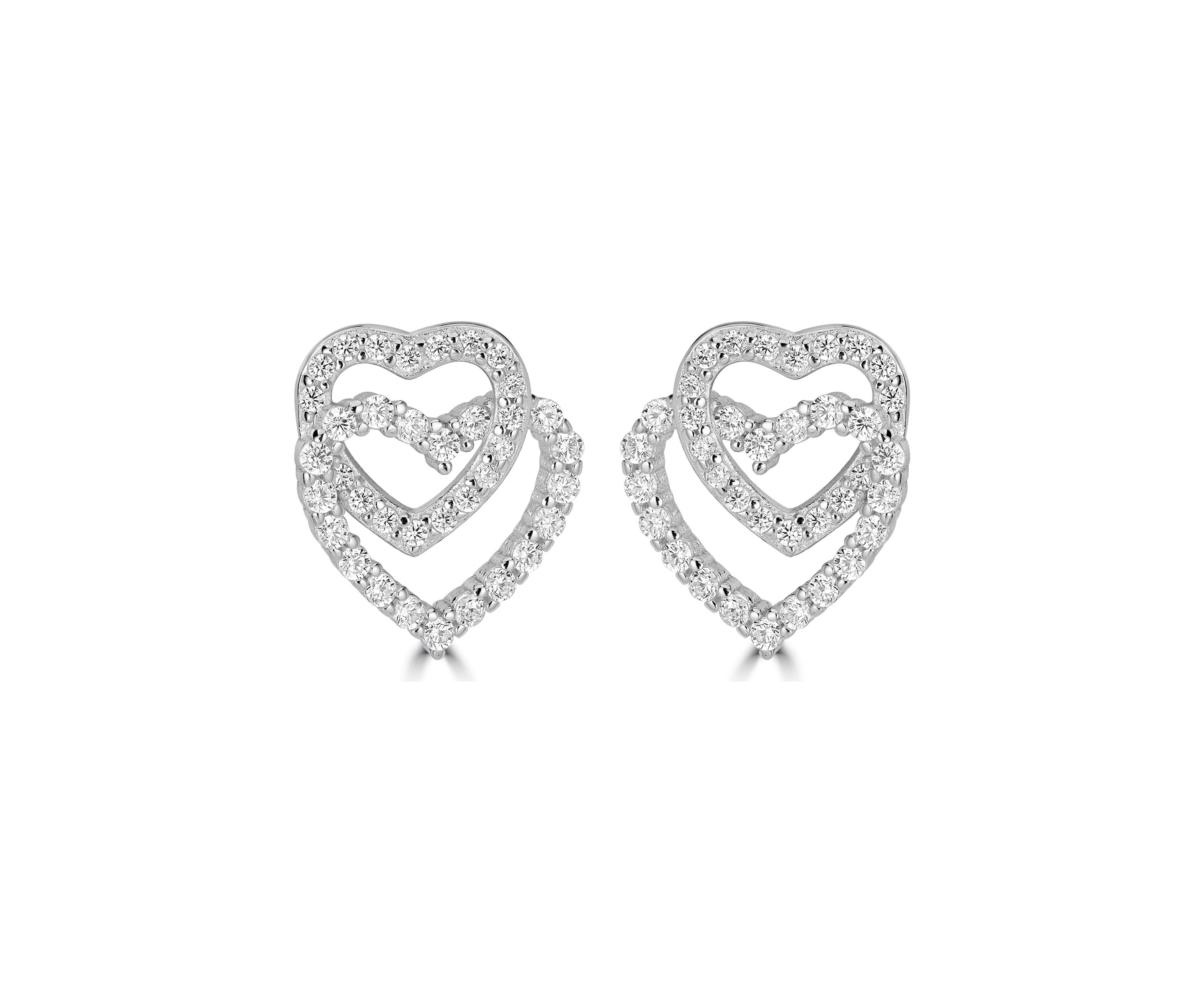Sterling Silver Pavé Cubic Zirconia Open Double Heart Stud Earrings