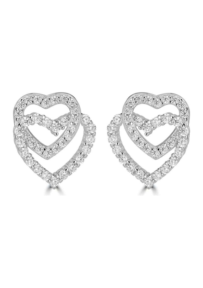 Sterling Silver Pavé Cubic Zirconia Open Double Heart Stud Earrings
