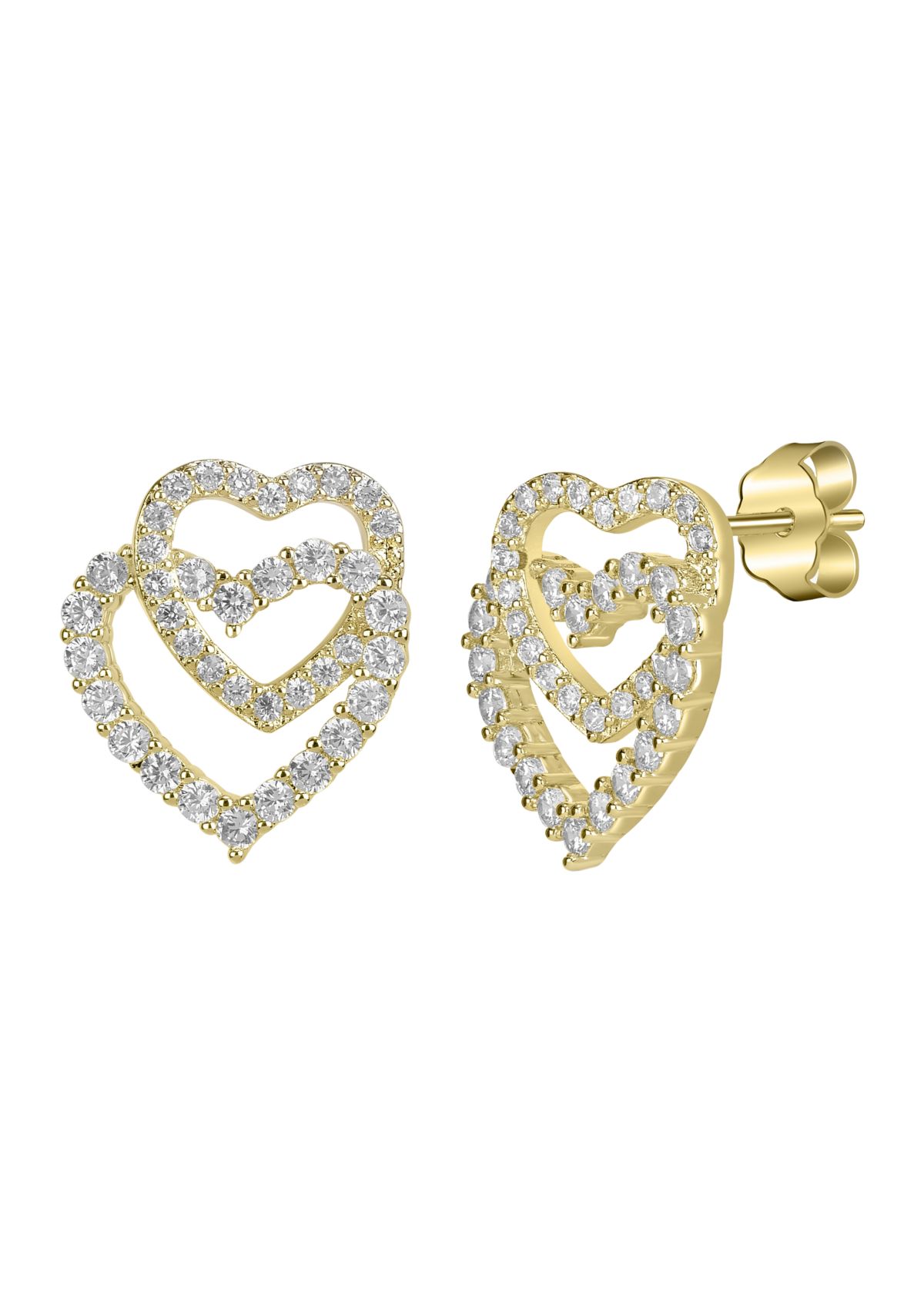 Gold Plated Cubic Zirconia Double Heart Stud Earrings