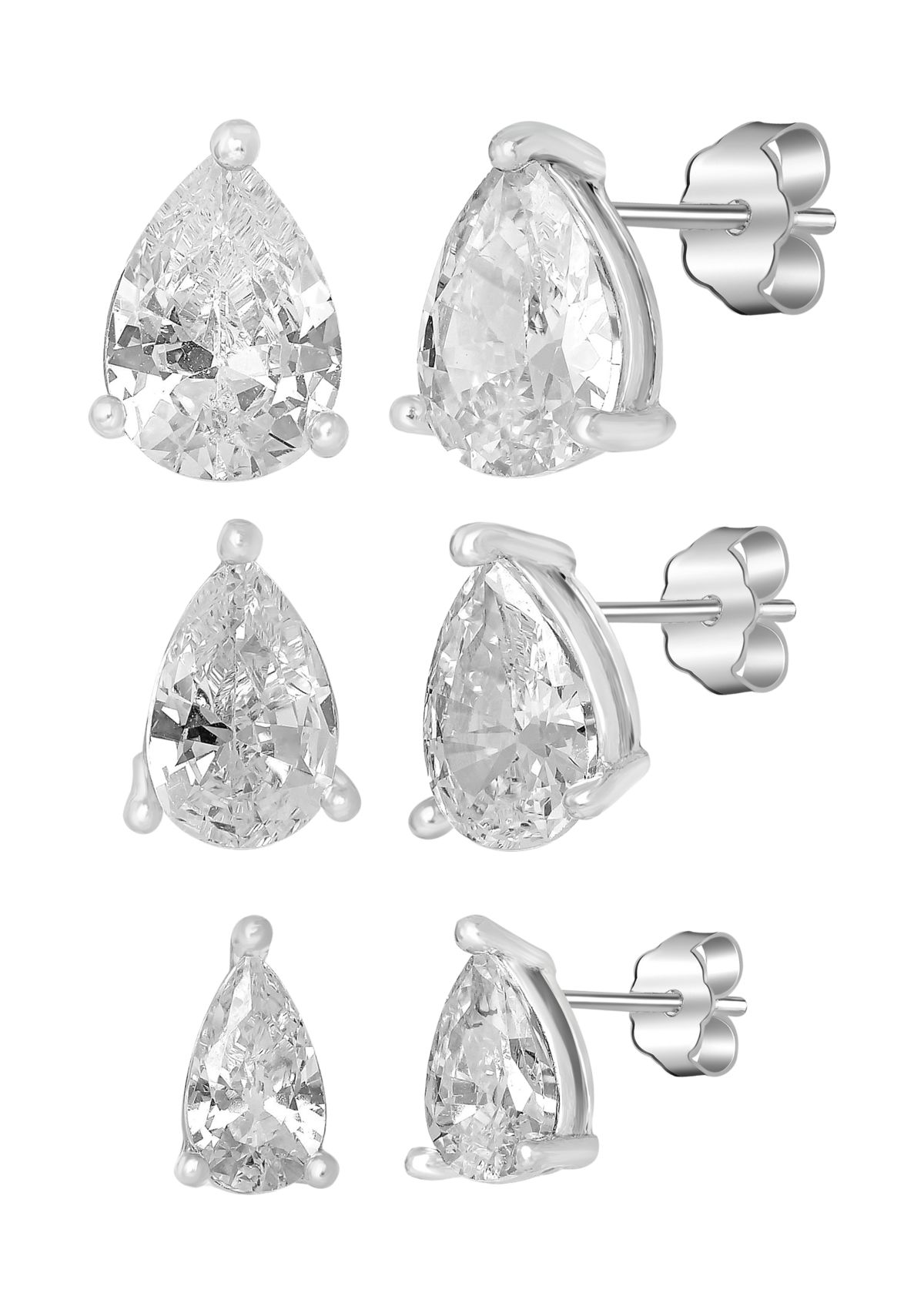 Graduated Pear Cut Clear Cubic Zirconia Stud Trio Earrings Set in Gold Over Sterling Silver