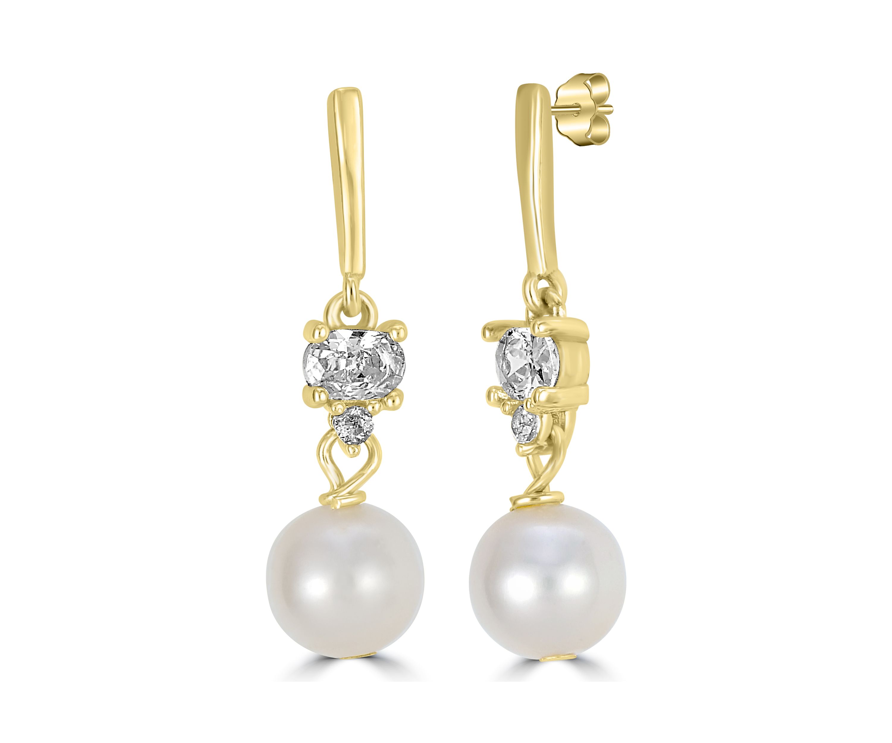 Gold Plated Sterling Silver Pearl and Cubic Zirconia Drop Earrings
