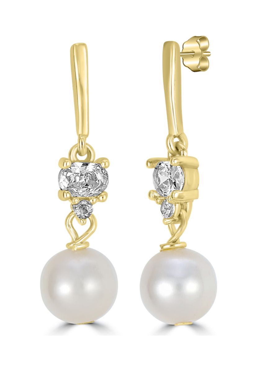Gold Plated Sterling Silver Pearl and Cubic Zirconia Drop Earrings