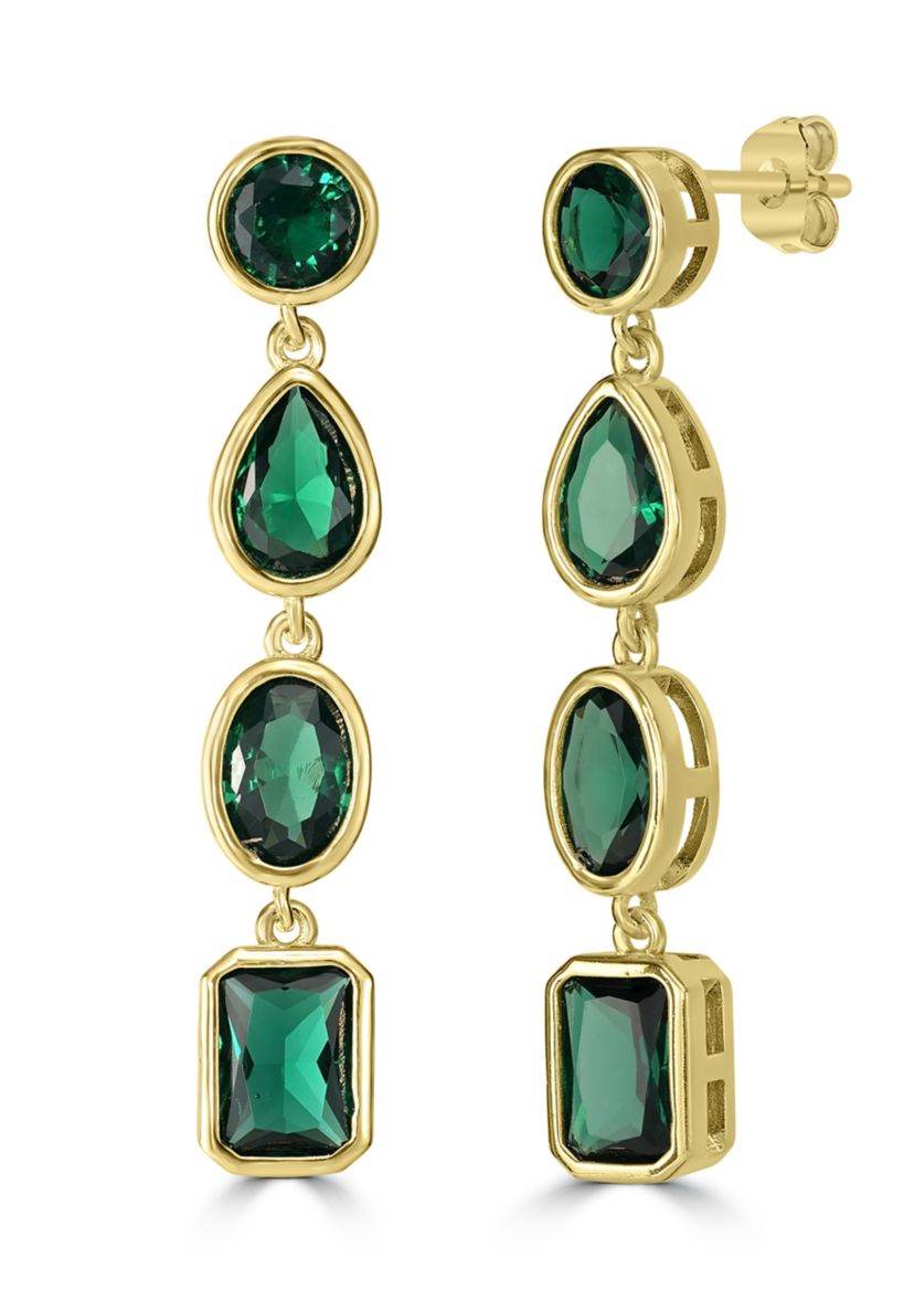 Gold-Plated Green Cubic Zirconia Drop Linear Earrings