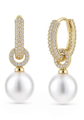 Belk Silverworks Gold Plated Cubic Zirconia and Pearl Pavé Hoop Drop Earrings, White