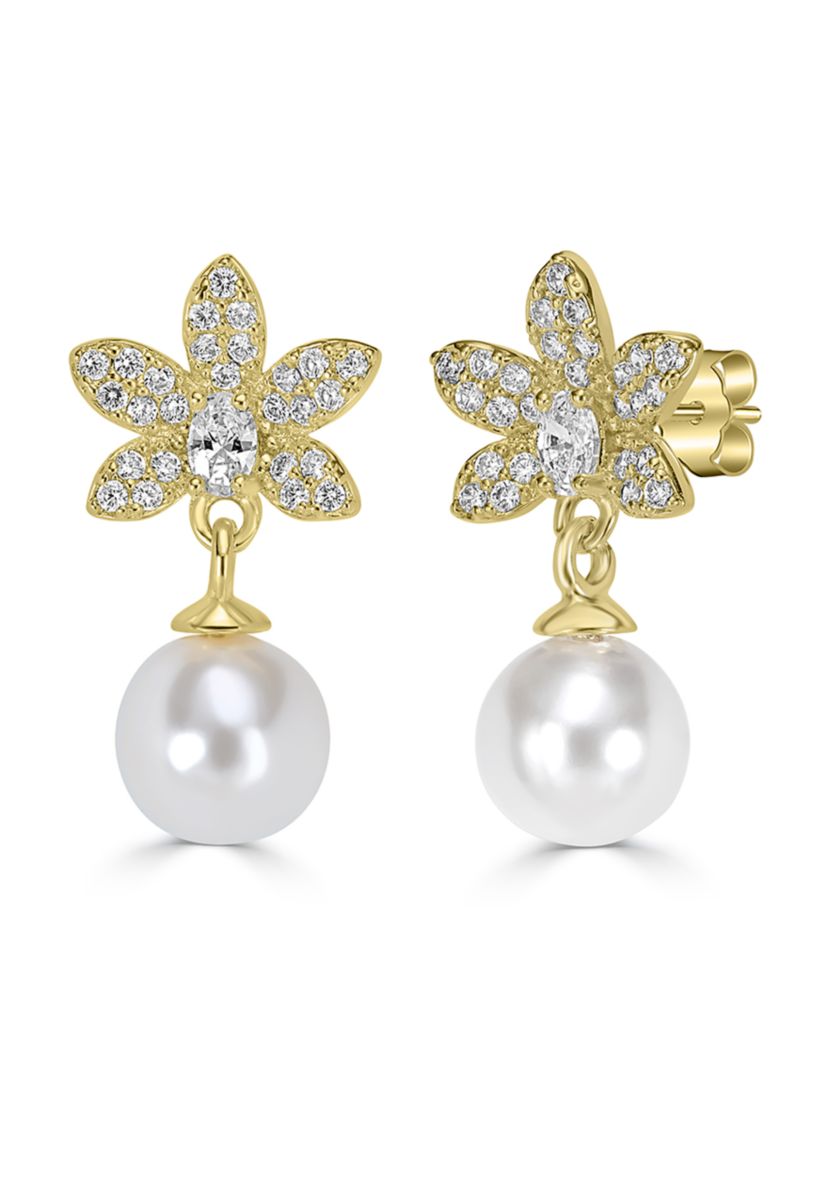 Gold Plated Flower Cubic Zirconia Pearl Drop Earrings