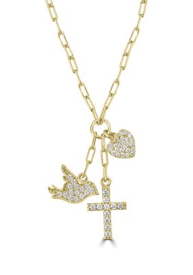 Belk Silverworks Gold Plated Cubic Zirconia Heart and Cross Charm Necklace, 16 in